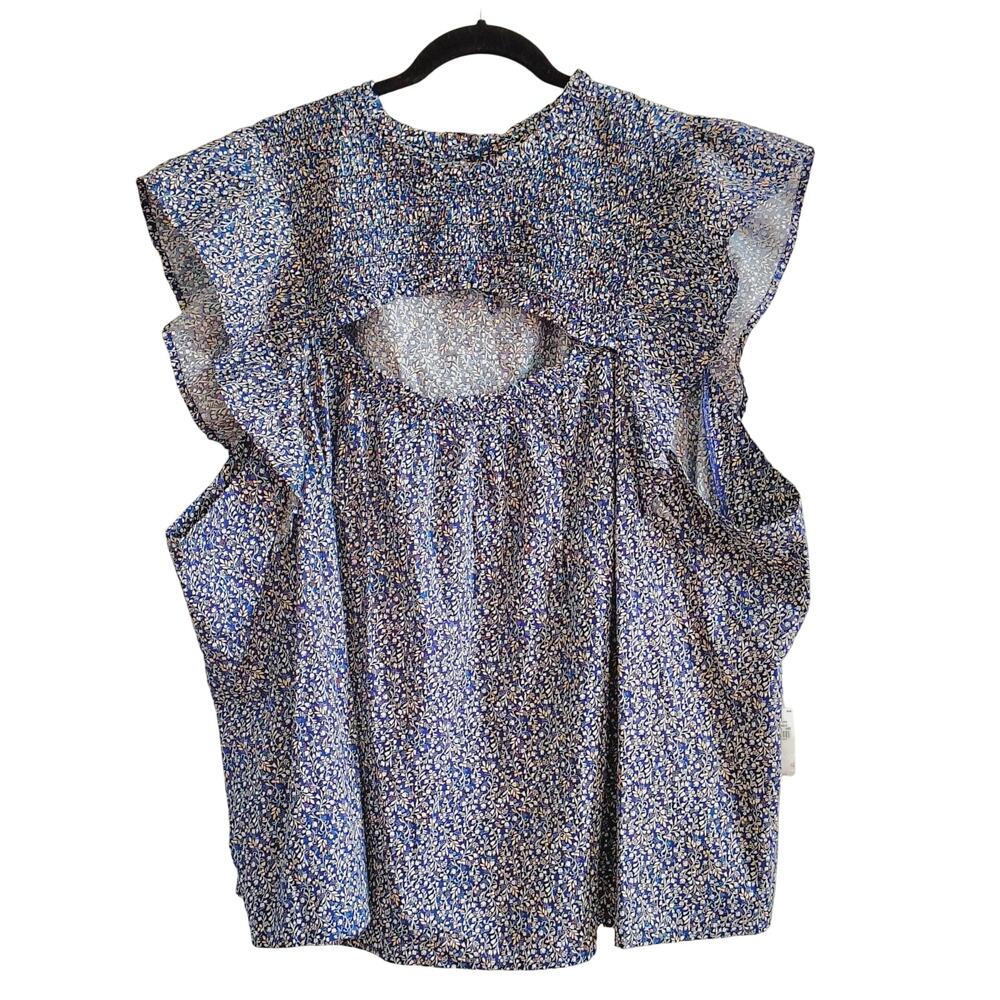 Old Navy Plus Size 4x Blue Yellow Floral Peephole Flutter Sleeve Top Blouse NEW